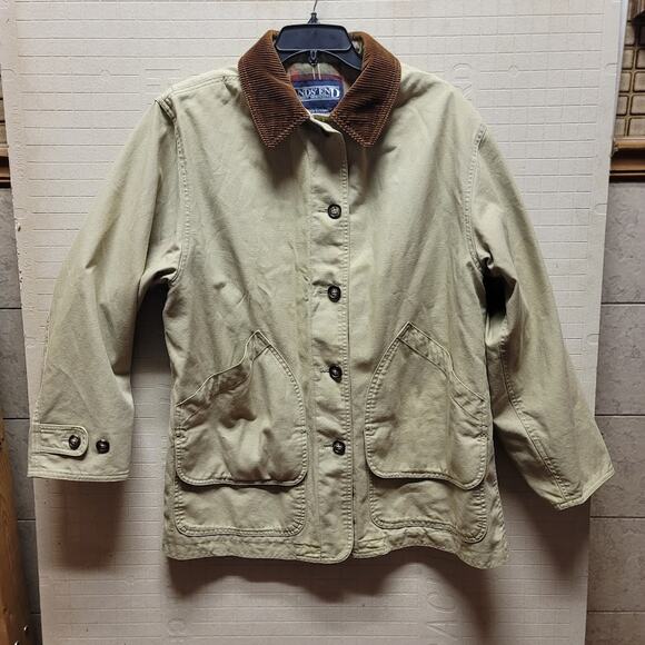 Lands End Vintage Women Large 14-16 Barn Chore Farm Coat Jacket Tan Brown Plaid - Picture 1 of 10